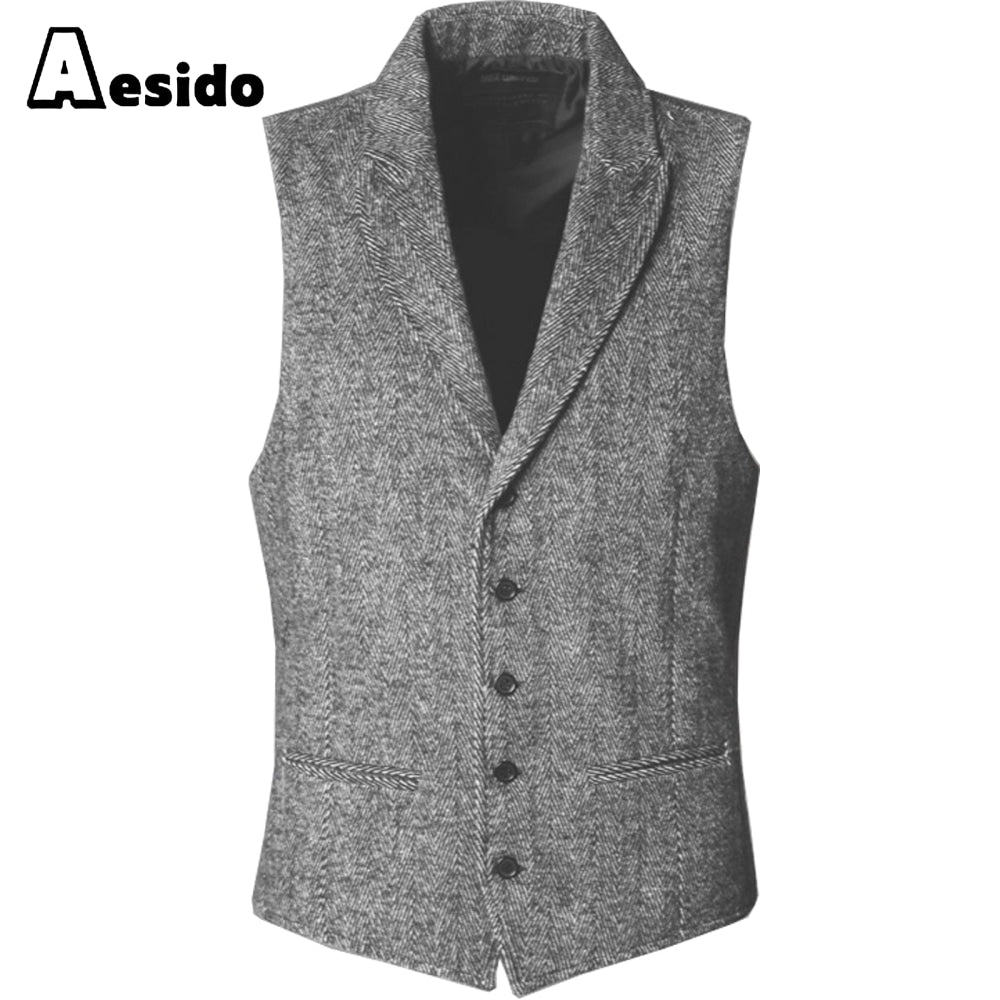 aesido Slim Fit Herringbone Peak Lapel Waistcoat