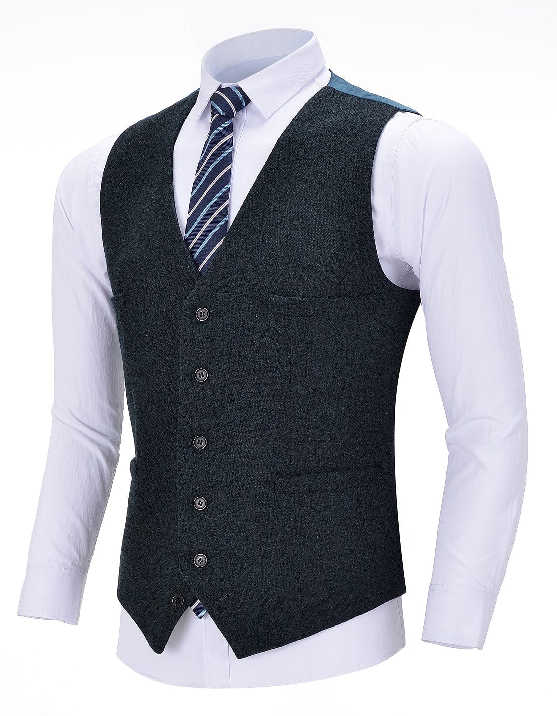 aesido Teal Herringbone V Neck Waistcoat